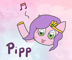 Size: 1020x860 | Tagged: artist needed, source needed, safe, anonymous artist, imported from derpibooru, pipp petals, pony, abstract background, blushing, female, g5, looking at you, music notes, raised hoof, solo, text, tongue out, unshorn fetlocks