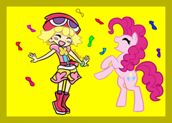 Size: 2600x1876 | Tagged: safe, artist:chelseawest, imported from derpibooru, pinkie pie, human, amitie, blush sticker, blushing, colored background, confetti, crossover, puyo puyo