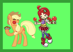 Size: 2600x1876 | Tagged: safe, artist:chelseawest, imported from derpibooru, applejack, apple, apple pie, apple toffee, blush sticker, blushing, colored background, crossover, food, pie, puyo puyo, ringo ando