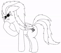 Size: 2670x2330 | Tagged: safe, artist:akscythe, imported from derpibooru, oc, pegasus, black and white, cross-eyed, grayscale, high res, hoof on cheek, monochrome, pegasus oc, simple background, tongue out, wings