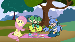 Size: 6698x3747 | Tagged: safe, artist:chelseawest, imported from derpibooru, fluttershy, mermaid, blush sticker, blushing, cake, crossover, cup, food, horns, humanoid, lidelle, picnic, puyo puyo, serilly, seriri, teacup, teapot