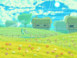 Size: 800x600 | Tagged: safe, artist:rangelost, imported from derpibooru, oc, oc only, oc:floral grace, oc:monsoon, earth pony, pegasus, cyoa:d20 pony, cloud, female, fence, field, flower, house, male, mare, outdoors, pixel art, sky, stallion