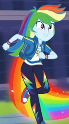 Size: 1920x3423 | Tagged: safe, imported from derpibooru, screencap, rainbow dash, equestria girls, equestria girls series, run to break free, spoiler:eqg series (season 2), backpack, clothes, converse, cropped, cute, cutie mark, cutie mark on clothes, dashabetes, female, geode of super speed, hoodie, jewelry, magical geodes, necklace, rainbow trail, running, shoes, smiling, solo