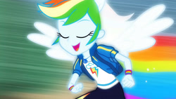 Size: 3410x1920 | Tagged: safe, imported from derpibooru, screencap, rainbow dash, equestria girls, equestria girls series, run to break free, spoiler:eqg series (season 2), backpack, clothes, cropped, cute, cutie mark, cutie mark on clothes, dashabetes, eyes closed, female, geode of super speed, hoodie, jewelry, magical geodes, necklace, open mouth, ponied up, rainbow trail, running, singing, smiling, solo, transformation, wings