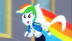 Size: 3410x1920 | Tagged: safe, imported from derpibooru, screencap, rainbow dash, equestria girls, equestria girls series, run to break free, spoiler:eqg series (season 2), clothes, cute, cutie mark, cutie mark on clothes, dashabetes, female, geode of super speed, hoodie, jewelry, magical geodes, necklace, open mouth, ponied up, rainbow trail, running, singing, smiling, solo, transformation