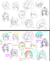 Size: 1394x1712 | Tagged: safe, artist:ruxikah, imported from derpibooru, applejack, big macintosh, dj pon-3, fluttershy, pinkie pie, princess celestia, princess luna, rainbow dash, rarity, spike, twilight sparkle, vinyl scratch, human, bust, colored sketch, crown, female, glasses, hat, hay stalk, humanized, jewelry, male, regalia, sketch, sketch dump, straw in mouth