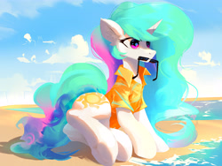 Size: 6000x4500 | Tagged: safe, artist:coldrivez, imported from derpibooru, princess celestia, alicorn, pony, absurd resolution, beach, clothes, cute, cutelestia, female, mare, mouth hold, shirt, solo, sunglasses