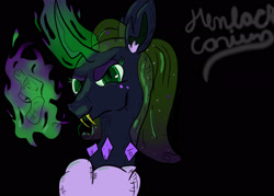 Size: 2100x1500 | Tagged: safe, artist:hemlock conium, imported from derpibooru, oc, oc only, oc:mantis, changeling, bust, changeling oc, color, digital art, female, green changeling, gun, mare, palindrome get, portrait, simple background, solo, weapon