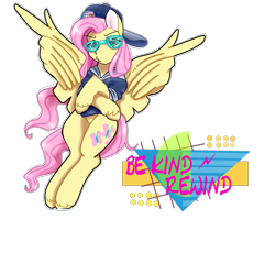Size: 4000x4000 | Tagged: safe, artist:lightningchaserarts, imported from derpibooru, fluttershy, earth pony, pegasus, pony, '90s, absurd resolution, backwards ballcap, baseball cap, be kind, be kind rewind, cap, clothes, feather fingers, feather guns, hat, hoodie, pose, retro, rewind, shutter shades, shuttershades, solo, sunglasses, vaporwave, wing hands, wingerguns, wings