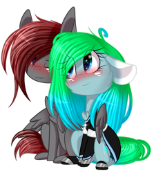 Size: 2313x2593 | Tagged: safe, artist:mediasmile666, imported from derpibooru, oc, oc only, pegasus, pony, blushing, chibi, clothes, duo, female, floppy ears, high res, hug, maid, male, mare, one eye closed, shipping, simple background, skirt, stallion, straight, transparent background, winghug, wings, wink