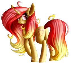 Size: 2506x2286 | Tagged: safe, artist:mediasmile666, imported from derpibooru, oc, oc only, oc:pretty shine, pony, unicorn, eye clipping through hair, eye reflection, female, gift art, high res, long mane, mare, raised hoof, rear view, reflection, simple background, smiling, solo, standing, transparent background