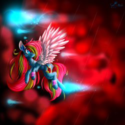 Size: 2449x2449 | Tagged: safe, artist:mediasmile666, imported from derpibooru, oc, oc only, oc:media smile, pegasus, pony, cloud, female, flying, high res, jewelry, mare, pendant, rain, solo, spread wings, wings