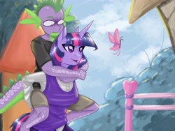 Size: 4000x3000 | Tagged: safe, artist:beznadezhnyyart, artist:raeverran, imported from derpibooru, spike, twilight sparkle, anthro, butterfly, dragon, pony, unicorn, fall weather friends, clothes, dragons riding ponies, duo, female, high res, male, mare, piggyback ride, riding, scene interpretation, spike riding twilight, unicorn twilight