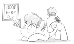 Size: 1412x835 | Tagged: safe, artist:dtcx97, imported from derpibooru, oc, oc only, oc:apogee, pony, boop request, face down ass up, female, filly, grayscale, monochrome, solo
