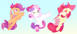 Size: 2250x1000 | Tagged: artist needed, dead source, safe, imported from derpibooru, apple bloom, scootaloo, sweetie belle, earth pony, pegasus, pony, unicorn, beret, cute, cutie mark crusaders, drawthread, female, filly, foal, gradient background, hat, hop (movie), nunchucks, pink berets, requested art, smiling, spread wings, the cmc's cutie marks, weapon, wings