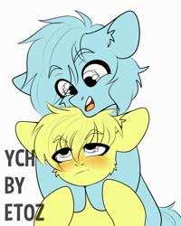 Size: 2000x2500 | Tagged: safe, artist:etoz, imported from derpibooru, pony, advertisement, auction, auction open, blushing, commission, generic pony, happy, high res, hug, open mouth, smiling, tsundere, ych example, your character here, your character here auction