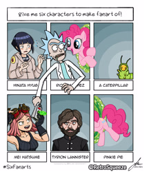 Size: 3000x3582 | Tagged: safe, artist:swampdonkeymedia, imported from derpibooru, pinkie pie, caterpillar, earth pony, human, pony, six fanarts, beard, bust, crossover, facial hair, female, game of thrones, goggles, hatsume mei, high res, hyuuga hinata, mare, mei hatsume, my hero academia, naruto, portal, rick and morty, rick sanchez, signature