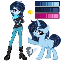 Size: 2150x2130 | Tagged: safe, artist:skyfallfrost, imported from derpibooru, oc, oc only, pony, unicorn, equestria girls, boots, clothes, high res, human ponidox, pants, reference sheet, self ponidox, shirt, shoes, simple background, solo, transparent background