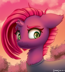 Size: 1800x2000 | Tagged: safe, artist:symbianl, imported from derpibooru, tempest shadow, pony, unicorn, alternate hairstyle, broken horn, eye scar, female, floppy ears, horn, mare, neck fluff, scar, solo