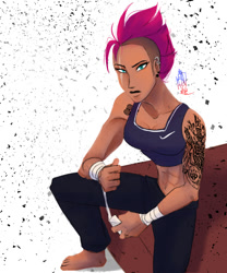 Size: 500x600 | Tagged: safe, artist:blacktiger273, imported from derpibooru, tempest shadow, human, abs, alternate hairstyle, barefoot, clothes, dark skin, ear piercing, earring, eye scar, feet, female, humanized, jewelry, midriff, pants, piercing, scar, simple background, solo, sports bra, sweatpants, tape, tattoo, white background