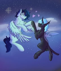 Size: 1080x1248 | Tagged: dead source, source needed, safe, anonymous artist, artist:jayolesadpotato, imported from derpibooru, oc, oc:loshad, oc:lulz, changeling, hybrid, pegasus, pony, blue mane, flying, horn, scar, scarred, stars, wings