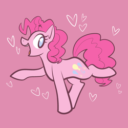 Size: 2000x2000 | Tagged: safe, artist:vodkamewtwoni, imported from derpibooru, pinkie pie, earth pony, pony, cute, cutie mark, diapinkes, female, heart, heart background, high res, looking back, mare, no pupils, open mouth, pink background, profile, raised hoof, simple background, smiling, solo