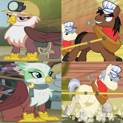 Size: 1110x1110 | Tagged: safe, edit, edited screencap, imported from derpibooru, screencap, full steam, gimme moore, greta, john bull, promontory, earth pony, griffon, pony, over a barrel, the lost treasure of griffonstone, aweeg*, background pony, bandana, blank flank, crack shipping, cropped, cute, duo, dust cloud, female, gimmemontory, gretabull, gretadorable, griffon shopkeeper, hat, helmet, horse collar, looking back, male, puffy cheeks, raised eyebrow, running, shipping, shipping domino, speed lines, stallion, straight