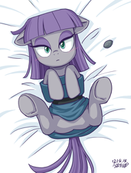 Size: 912x1200 | Tagged: safe, artist:uotapo, imported from derpibooru, boulder (pet), maud pie, earth pony, pony, bed, blanket, blushing, boulder (g4), clothes, cute, dress, eyeshadow, featureless crotch, female, from above, looking at you, lying down, makeup, mare, maudabetes, on back, solo, technically an upskirt shot, underhoof, upskirt