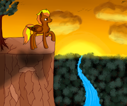 Size: 1500x1250 | Tagged: safe, artist:windy, imported from derpibooru, oc, oc only, oc:windflyer, pegasus, pony, cliff, cloud, forest background, river, solo, sunset, two toned mane, two toned tail, wings