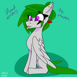 Size: 1080x1080 | Tagged: safe, artist:ukedideka, imported from derpibooru, oc, oc only, oc:quizzical aphre, pegasus, pony, ear piercing, folded wings, green hair, hair tie, pegasus oc, piercing, purple eyes, simple background, sitting, solo, tongue out, wings