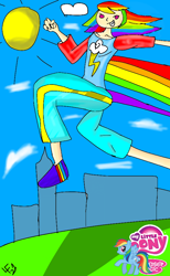 Size: 600x976 | Tagged: safe, artist:ropanotina, imported from derpibooru, rainbow dash, human, fanart, humanized, ibispaint x, my little pony logo, photo, rainbow, running, solo, speedpaint