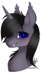 Size: 1080x1920 | Tagged: safe, artist:dragonwithcoffee, imported from derpibooru, oc, oc only, oc:astral gazer, alicorn, bat pony, bat pony alicorn, alicorn oc, bat wings, bust, fangs, heterochromia, horn, looking at you, male, stallion, wings