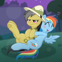 Size: 950x950 | Tagged: safe, artist:grapefruit-face, imported from derpibooru, daring do, rainbow dash, pegasus, pony, base used, blushing, clothes, cloths, daringdash, duo, eyes closed, female, frog (hoof), happy, hat, hug, lesbian, lesbian dash, night, outdoors, shipping, show accurate, tsundere, unamused, underhoof