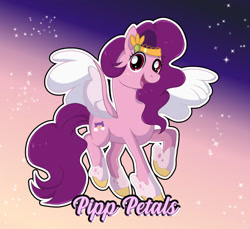 Size: 1024x938 | Tagged: safe, artist:doraeartdreams-aspy, imported from derpibooru, pipp petals, pegasus, pony, adorapipp, cute, female, g5, gradient background, looking at you, mare, open mouth, raised hoof, signature, solo, sparkles, spread wings, text, unshorn fetlocks, wings