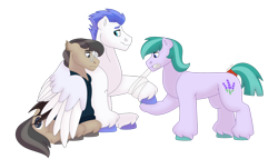 Size: 1280x732 | Tagged: safe, artist:itstechtock, imported from derpibooru, oc, oc only, oc:swift wing, oc:waxing lyrical, bat pony, earth pony, pegasus, pony, bandage, hug, simple background, transparent background, two toned wings, winghug, wings