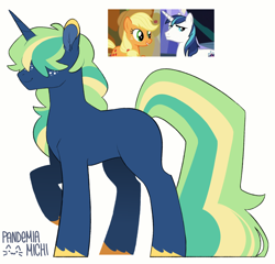 Size: 1784x1716 | Tagged: safe, artist:pandemiamichi, imported from derpibooru, applejack, shining armor, oc, pony, unicorn, ambiguous gender, hair over eyes, offspring, parent:applejack, parent:shining armor, parents:shiningjack, simple background, white background