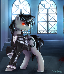 Size: 831x961 | Tagged: safe, artist:konnyart, imported from derpibooru, oc, oc only, oc:clavicus strider, pony, unicorn, vampire, clothes, solo, tzimisce, vampire the masquerade