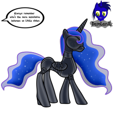 Size: 3840x4154 | Tagged: safe, artist:damlanil, imported from derpibooru, princess luna, alicorn, pony, series:becoming submissive, bdsm, blindfold, bondage, bondage mask, boots, bound wings, catsuit, clothes, collar, comic, commission, corset, ethereal mane, female, gag, galaxy mane, gimp suit, high heels, high res, hood, horn, implied lesbian, implied princess celestia, implied princest, implied shipping, latex, latex boots, latex suit, lunasub, mare, muzzle gag, offscreen character, rubber, rubber suit, shiny, shiny mane, shoes, show accurate, simple background, socks, solo, story, text, thigh highs, transparent background, vector, wings