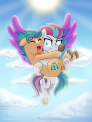 Size: 3000x4000 | Tagged: safe, artist:limedazzle, imported from derpibooru, hitch trailblazer, zipp storm, earth pony, pegasus, pony, acrophobia, cloud, colored wings, duo, eyes closed, female, flying, g5, male, mare, multicolored wings, open mouth, scared, screaming, sky, stallion, unamused, wings, zipp storm is not amused