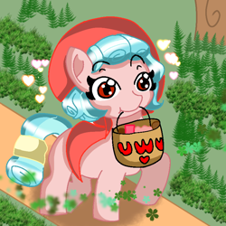 Size: 768x768 | Tagged: safe, artist:juanluuis8, imported from derpibooru, cozy glow, pegasus, pony, basket, cozybetes, cute, forest, heart, herb, holding up, little red riding hood, sheet, tree, uwu, walking