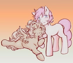 Size: 1889x1629 | Tagged: safe, artist:poofindi, imported from derpibooru, oc, oc:kayla, oc:mary jane, couple, female, holding hooves, kayry, lesbian, lying down, oc x oc, shipping, standing