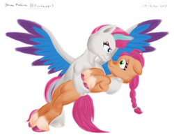 Size: 1400x1100 | Tagged: safe, artist:rockhoppr3, imported from derpibooru, sunny starscout, zipp storm, earth pony, pegasus, pony, bipedal, boop, female, g5, lesbian, looking at each other, mare, noseboop, shipping, simple background, spread wings, sunnyzipp, transparent background, wings