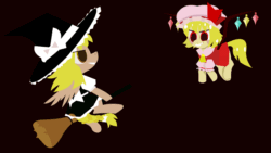 Size: 1920x1080 | Tagged: safe, artist:kusochekcat, imported from derpibooru, bat pony, pegasus, pony, animated, clothes, crossover, dress, duo, female, flandre scarlet, flying, gif, hat, kirisame marisa, mare, ponified, skirt, touhou, witch, witch hat
