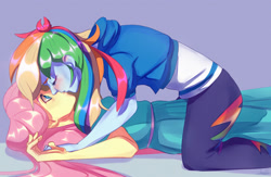 Size: 2845x1852 | Tagged: source needed, safe, artist:dumddeer, imported from derpibooru, fluttershy, rainbow dash, human, equestria girls, blushing, clothes, dress, duo, eyes open, female, flutterdash, fluttershy boho dress, hoodie, kiss on the lips, kissing, leggings, lesbian, lesbian dash, lesbian fluttershy, lying down, on back, shipping, simple background