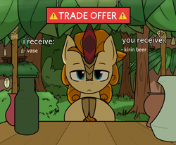 Size: 2256x1857 | Tagged: safe, artist:alexi148, imported from derpibooru, autumn afternoon, kirin, bush, cloven hooves, kirin beer, kirin village, leaves, looking at you, male, meme, ponified meme, solo, store, trade offer, tree, vase