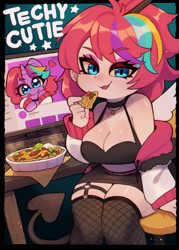 Size: 1428x1999 | Tagged: safe, artist:zombiemiso, imported from derpibooru, oc, oc only, oc:techy twinkle, human, pony, unicorn, breasts, chips, cleavage, clothes, computer, computer screen, demon tail, devil tail, eating, food, humanized, looking at you, nachos, smiling, socks, solo, thigh highs, wings