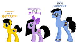 Size: 4816x2720 | Tagged: safe, imported from derpibooru, oc, oc:melissa, oc:nathaniel, oc:vincent, earth pony, bow, brother and sister, father, father and child, father and daughter, father and son, female, glasses, hair bow, male, mare, siblings, stallion, watch, wristwatch
