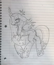 Size: 2669x3202 | Tagged: source needed, useless source url, safe, artist:plushfurby, imported from derpibooru, queen chrysalis, changeling, changeling queen, female, high res, mare, monochrome, sketch, solo, wip