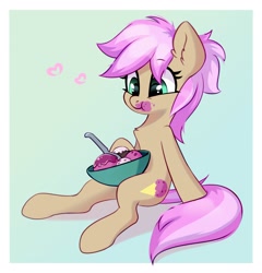 Size: 1660x1726 | Tagged: safe, artist:taneysha, imported from derpibooru, strawberry scoop, earth pony, pony, background pony, bowl, chest fluff, cute, ear fluff, female, food, friendship student, heart, ice cream, mare, messy eating, sitting, solo, spoon