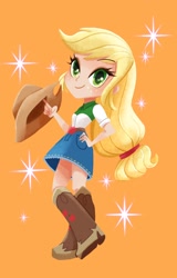 Size: 1312x2048 | Tagged: safe, artist:binco_293, imported from derpibooru, applejack, human, equestria girls, beautiful, boots, cowboy boots, cowboy hat, cowgirl, cute, female, green eyes, hat, hat off, human coloration, humanized, jackabetes, looking at you, orange background, orange skin, shoes, simple background, solo, sparkles, stetson, woman